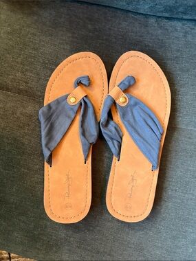 Panama Jack Tan Footbed Sandals with Navy Twist-Knot Straps